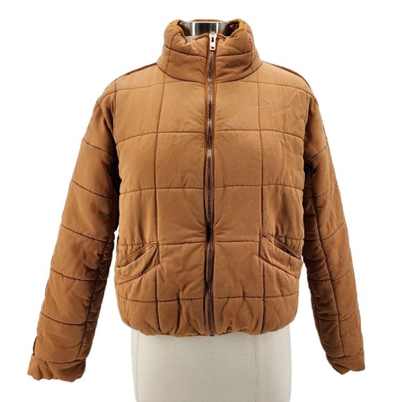 Avec Les Filles Jackets & Blazers - Avec Les Filles Cropped Filled Puffer Tan Tencel Jacket Womens Large